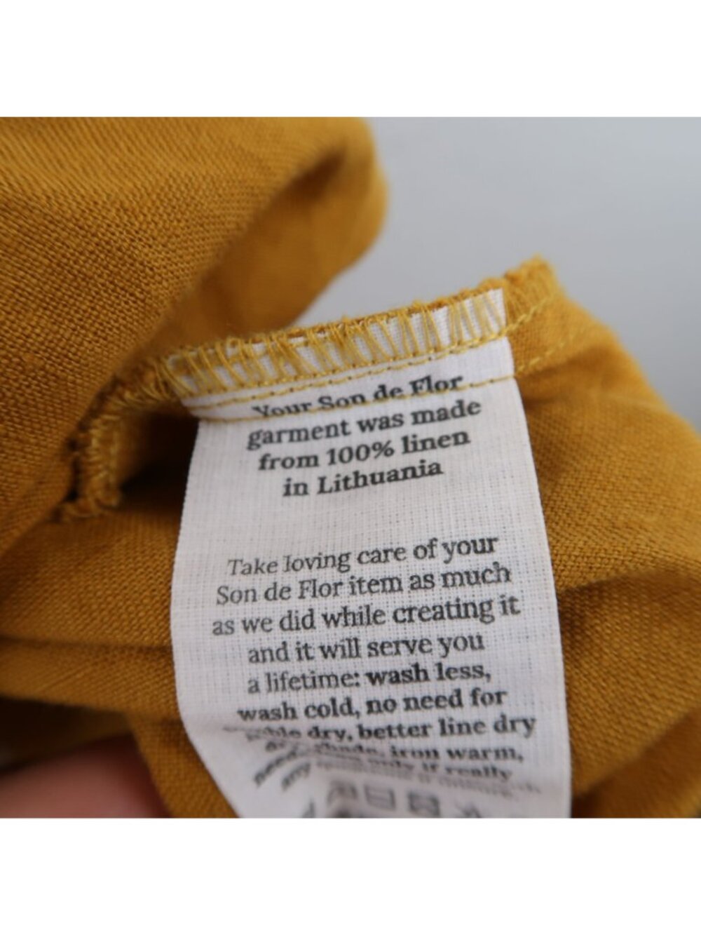 Son De Flor M Mustard Yellow Linen Dress Flutter Sleeves Button Back Cottagecore - Picture 3 of 7